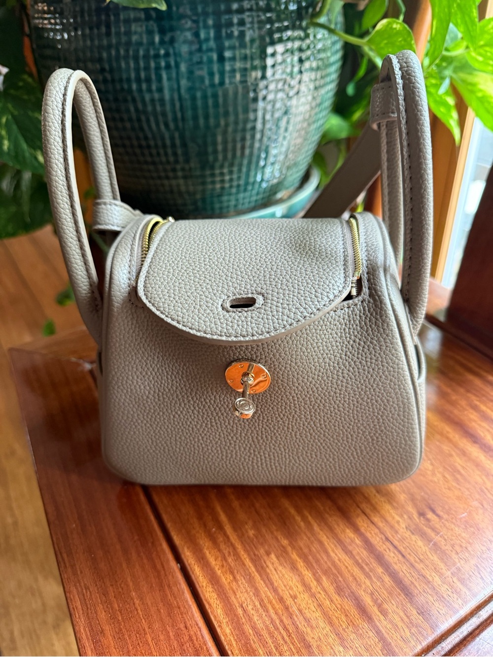 Maison Luna Thalia Pebbled Taupe Mini Crossbody Bag with Gold Turn-Lock